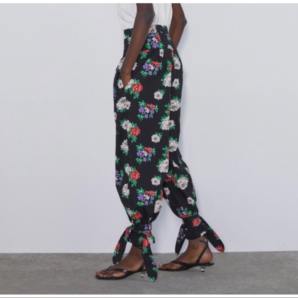 NWOT Zara Womens Ankle Tie High Waisted Floral Trousers